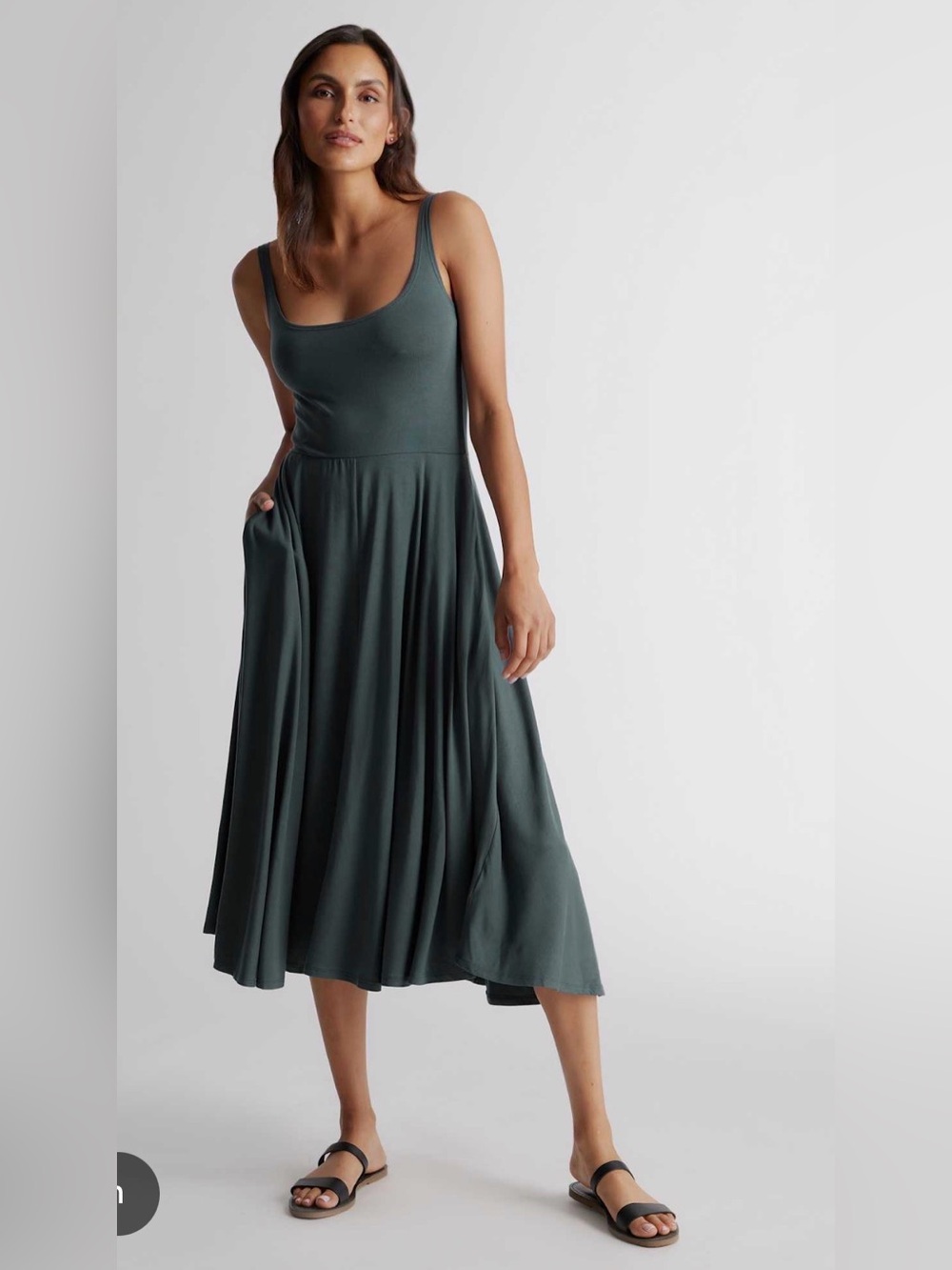 Quince Tencel Jersey Fit & Flare Dress Dark Olive , Large